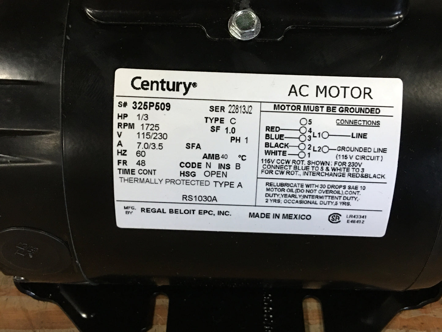 1/3 HP ELECTRIC MOTOR 115-230/60/1 1725RPM