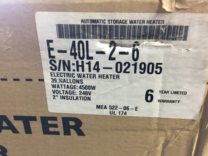 40 GALLON ELECTRIC HOT WATER HEATER 240/60/1