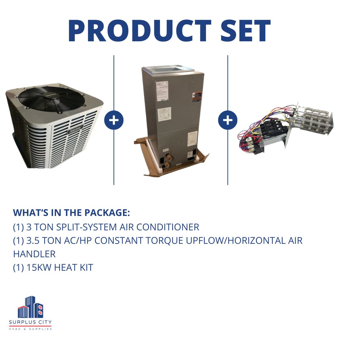 3 TON 14.3 SEER AIR CONDITIONER AND 3 TON AIR HANDLER WITH 15 KW HEAT KIT, 208-230/60/1