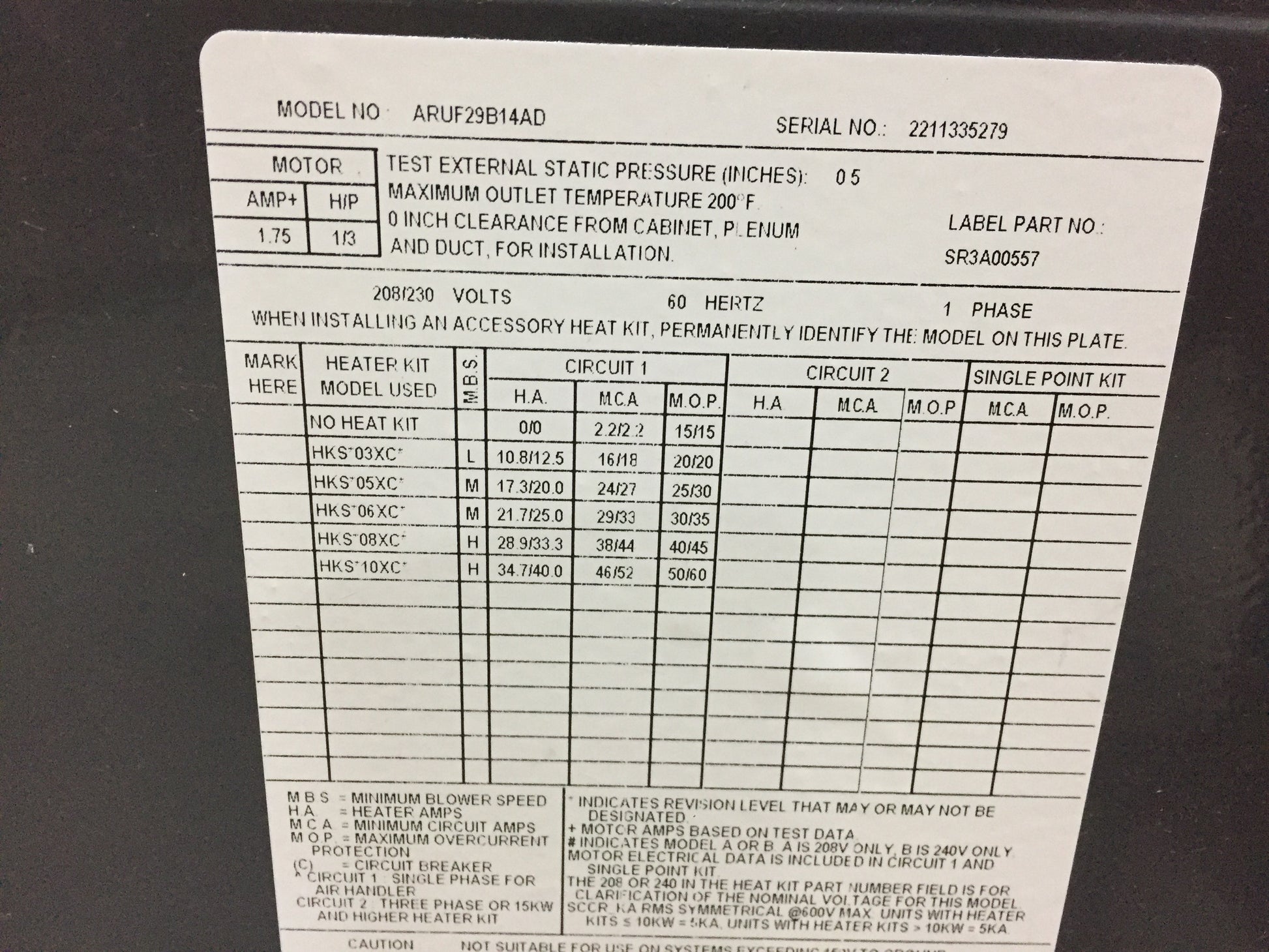 2.5 TON AC/HP PSC AIR HANDLER 208/240/60/1 R-410A CFM 1000