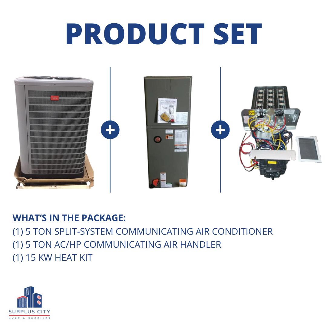 5 TON COMMUNICATING 20 SEER AIR CONDITIONER AND 5 TON COMMUNICATING AIR HANDLER WITH 15KW HEAT KIT, 208-230/60/1