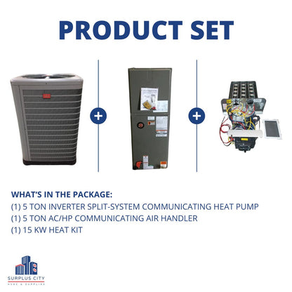 5 TON COMMUNICATING 20 SEER HEAT PUMP AND 5 TON COMMUNICATING AIR HANDLER WITH 15KW HEAT KIT, 208-230/60/1