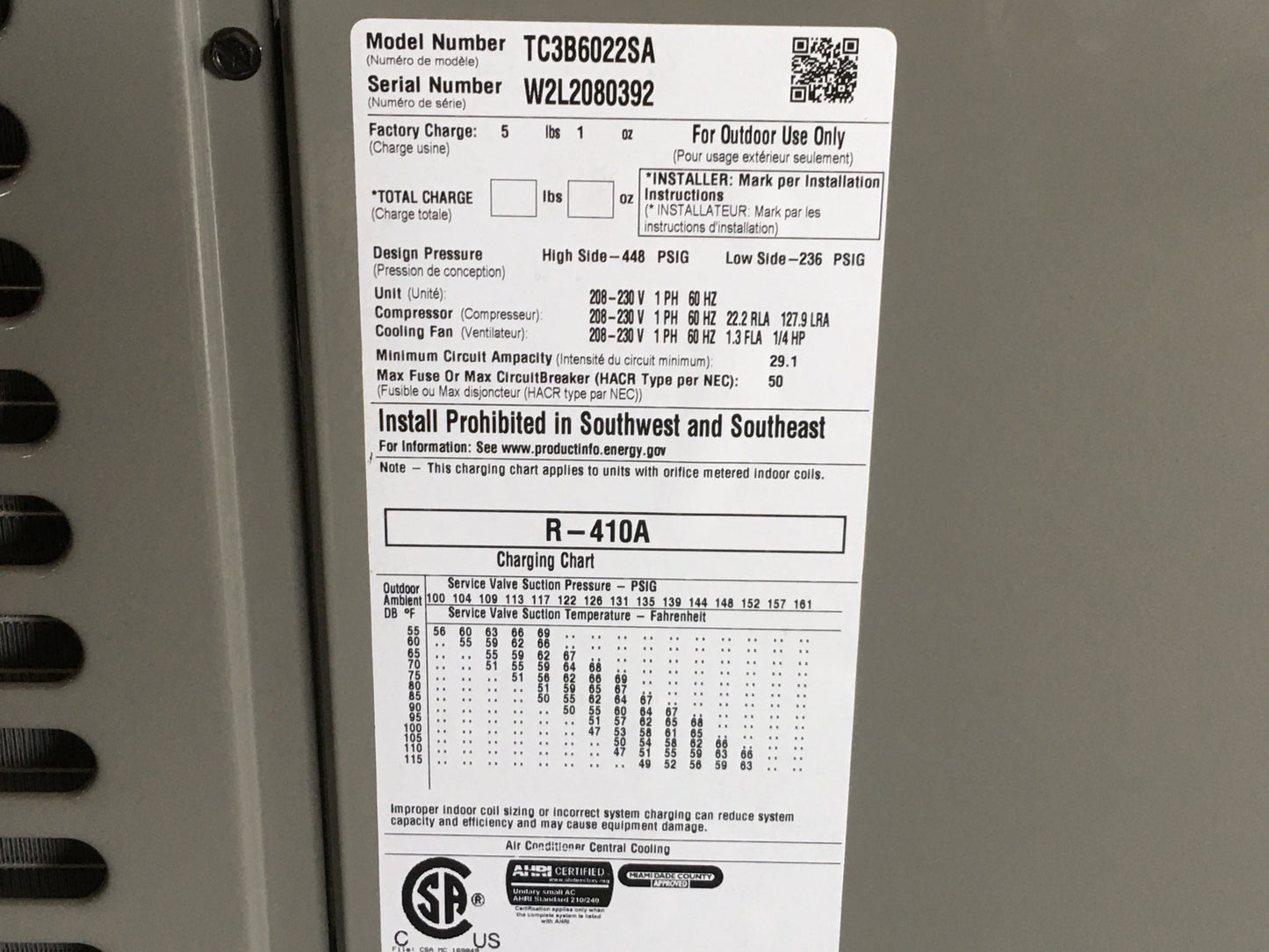 5 TON SPLIT-SYSTEM  AIR CONDITIONER 208-230/60/1 R410A 13 SEER