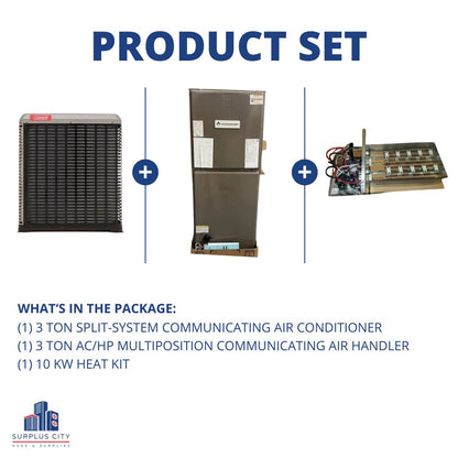 3 TON 20 SEER COMMUNICATING AIR CONDITIONER AND 3 TON COMMUNICATING AIR HANDLER WITH 10 KW HEAT KIT, 208-230/60/1