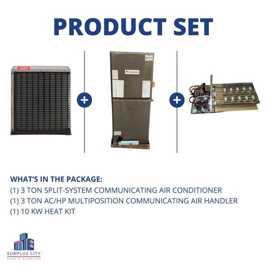 3 TON 20 SEER COMMUNICATING AIR CONDITIONER AND 3 TON COMMUNICATING AIR HANDLER WITH 10 KW HEAT KIT, 208-230/60/1