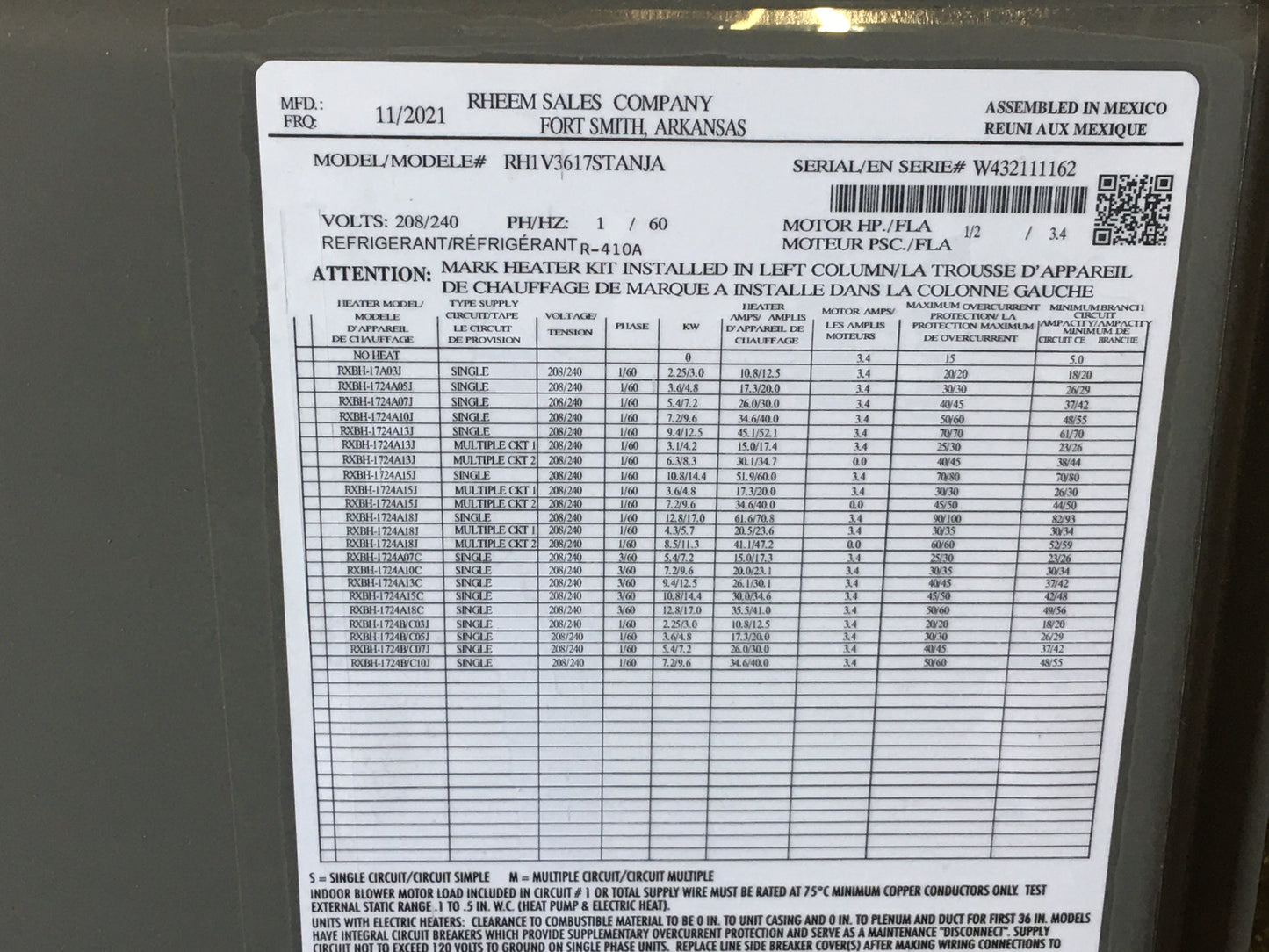 3 TON AC/HP MULTI-POSITION FANCOIL/W ECM MOTOR 208-240/60/1 R-410A CFM 1000-1200