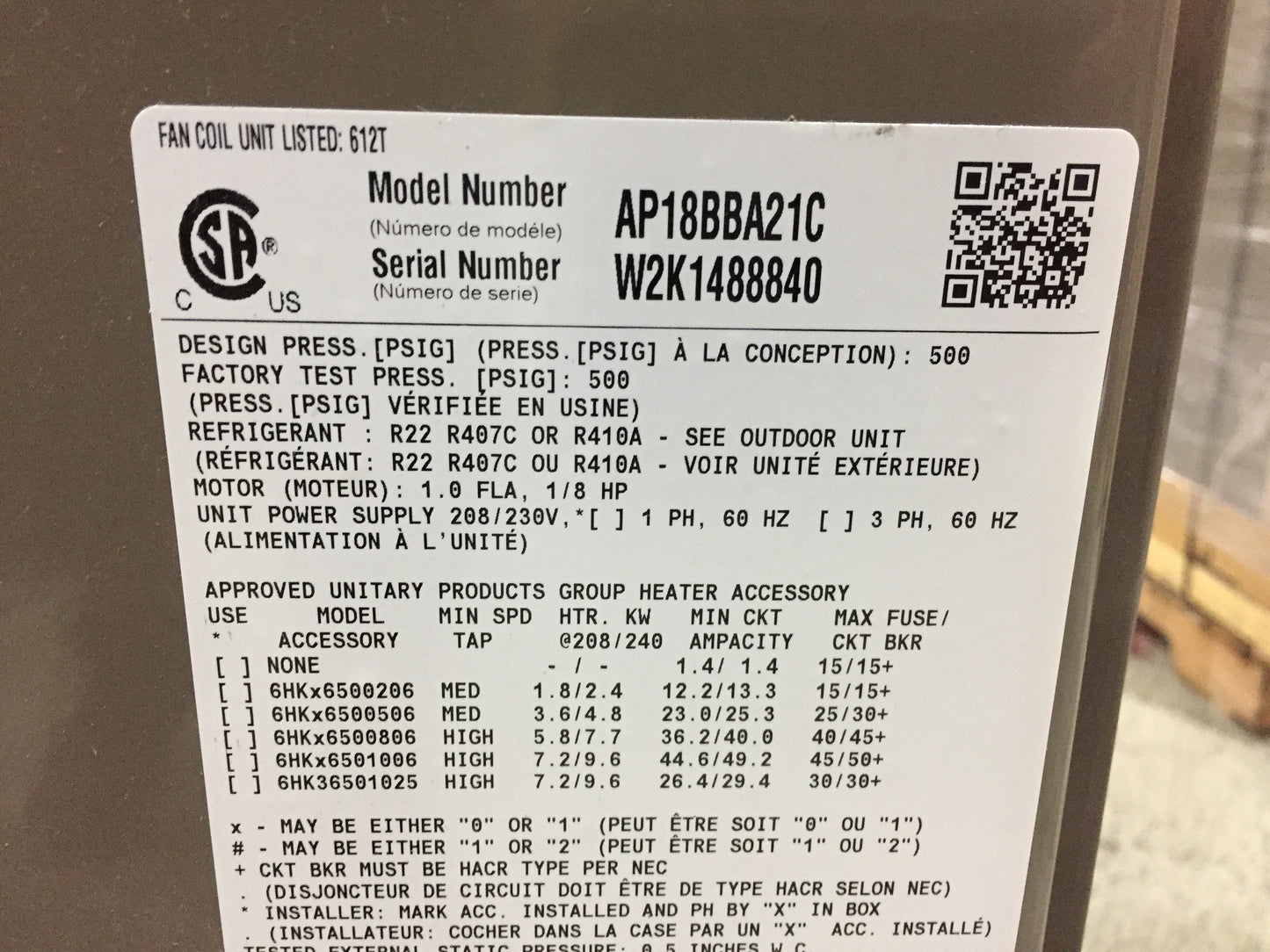 1.5 TON AC/HP PSC AIR HANDLER 208-230/60/1 R22/R-410A CFM 600 