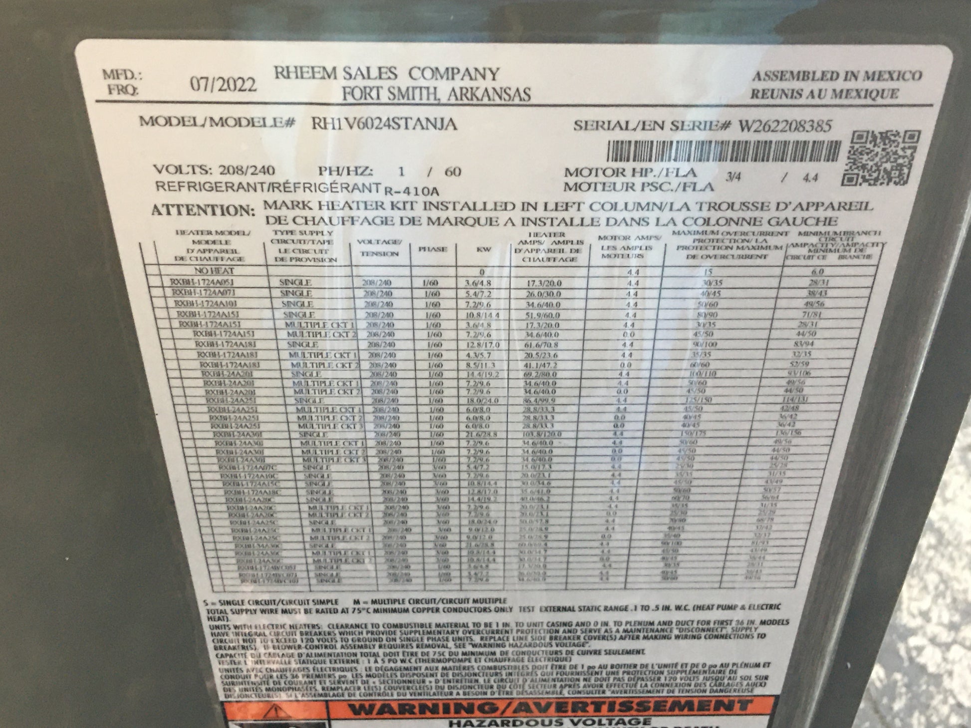 5 TON AC/HP MULTI-POSITION AIR HANDLER UNIT/W ECM MOTOR, 208-240/60/1 R-410A CFM:1800