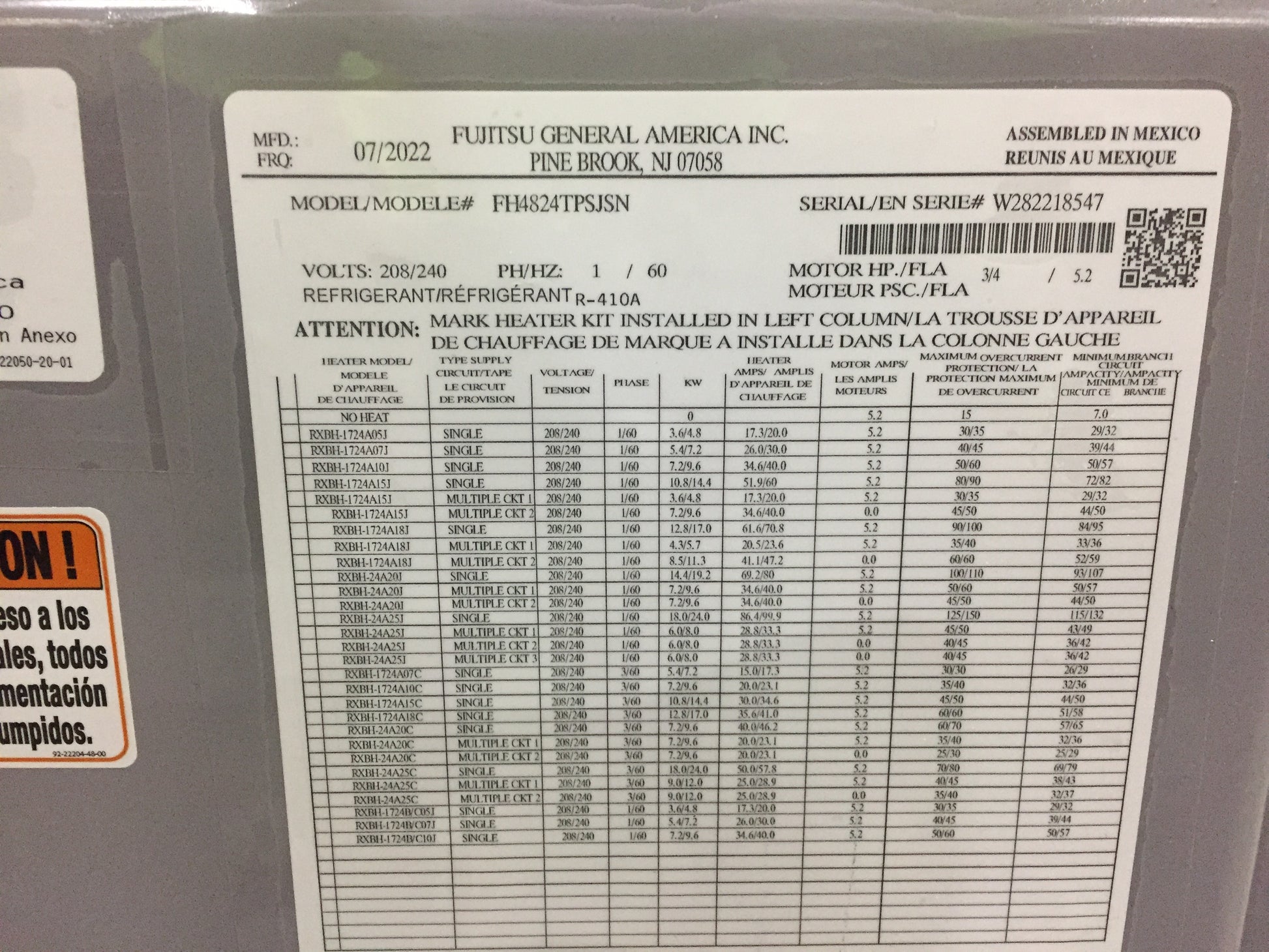 4 TON AC/HP PSC AIR HANDLER 208-230/60/1 R-410A CFM 1600 15 SEER