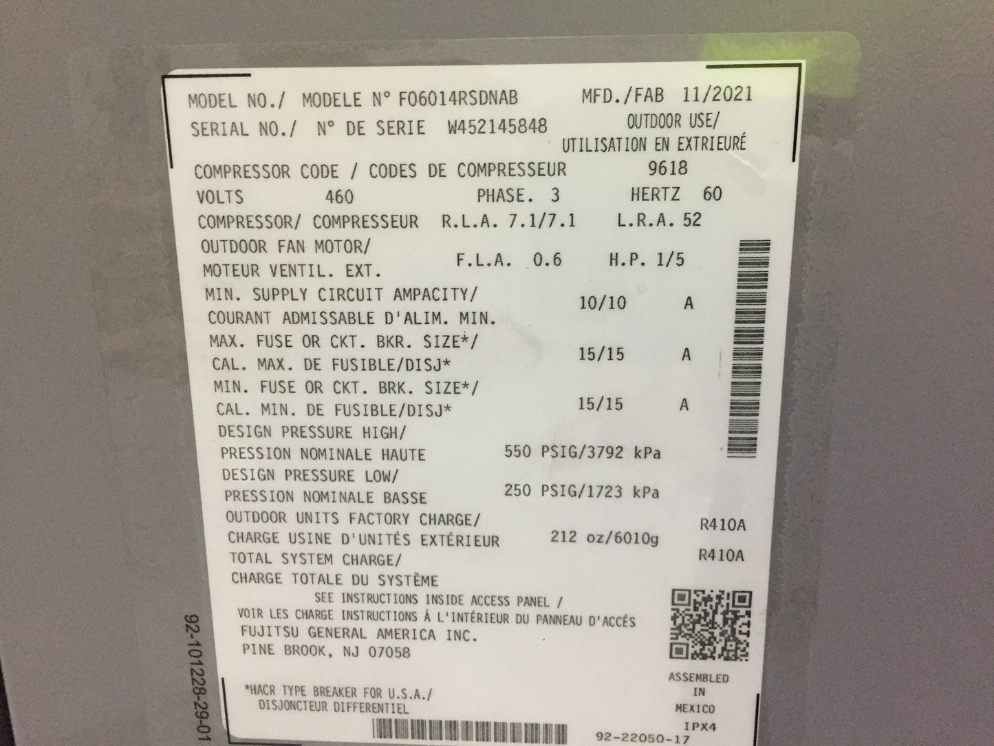 5 Ton Split-System  Heat Pump 460/60/3 R410A 14 SEER