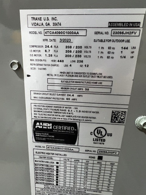 5 Ton Convertible Packaged Air Conditioning Unit, 13.4 SEER2, 208-230/60/1, R410A