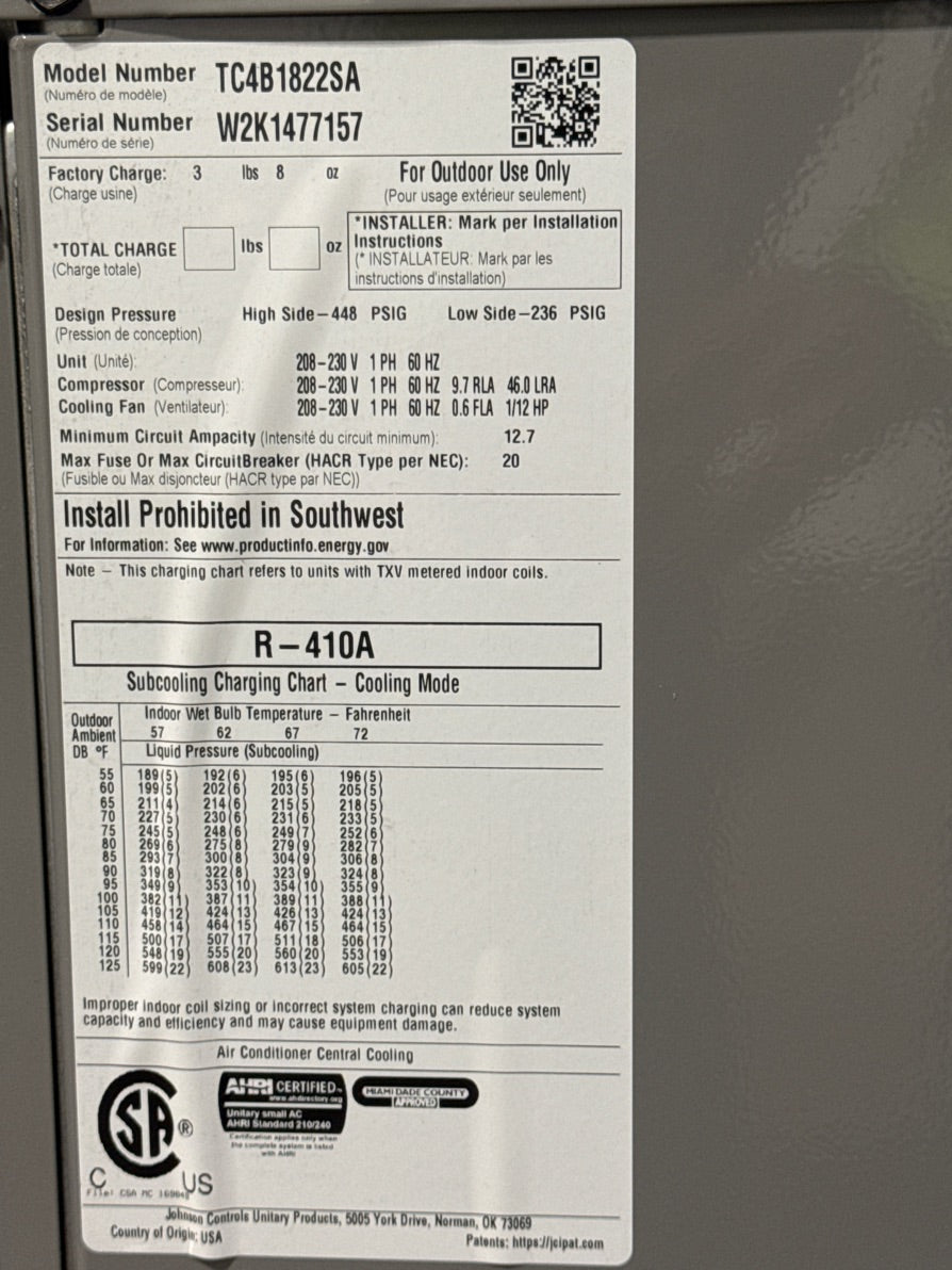 1.5 Ton AC/HP Split System Air Conditioner, 14 Seer, 208-230/60/1, R-410A