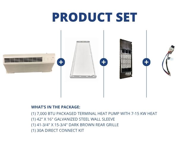 7,000 BTU Packaged Terminal HP W/ 7-15 KW Heat, R-410A, Wall Sleeve, Rear Grille and 30A Connect Kit