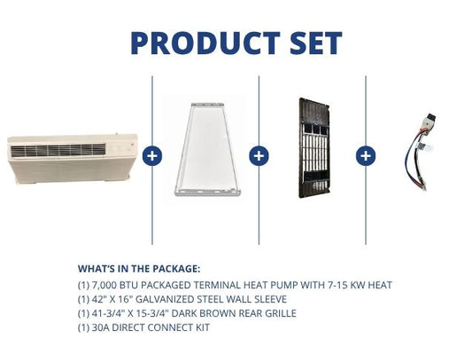 7,000 BTU Packaged Terminal HP W/ 7-15 KW Heat, R-410A, Wall Sleeve, Rear Grille and 30A Connect Kit