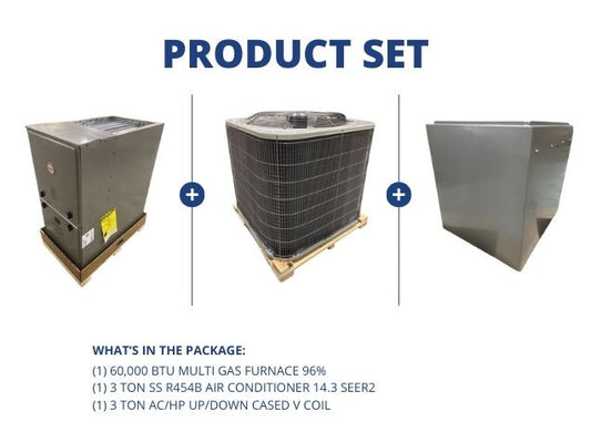 60,000 BTU Multi Gas Furnace 96%, 3 Ton SS R454B AC 14.3 SEER2 with 3 Ton AC/HP Up/Down Cased V Coil