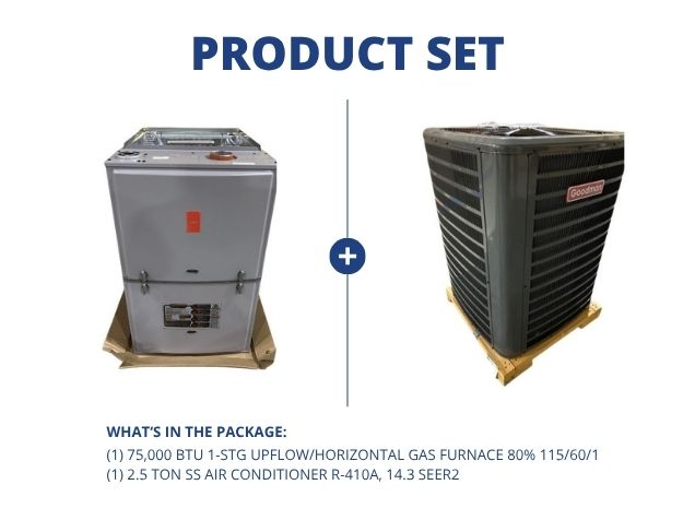 75,000 BTU 1-Stg Up/Horz Gas Furnace 80% 115/60/1 with 2.5 Ton SS Air Conditioner R-410A, 14.3 SEER2
