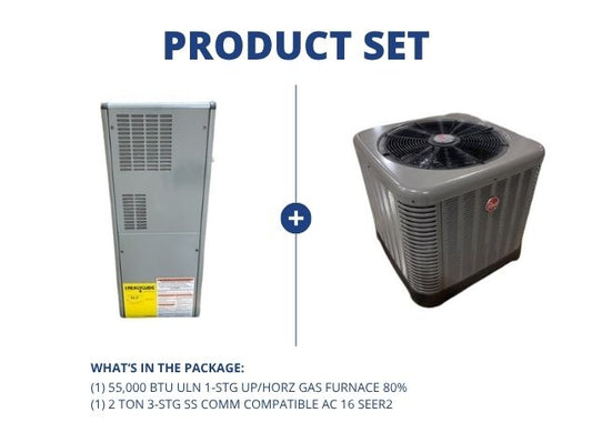 55,000 BTU ULN 1-Stg Up/Horz Gas Furnace 80% with 2 Ton 3-Stg SS Comm Compatible AC R410A 16 SEER2