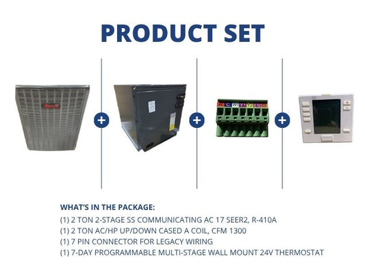 2 Ton 2-Stg Comm AC 17 SEER2, 2 Ton AC/HP Up/Down Cased A Coil, 7 Pin Connector with 24V Thermostat