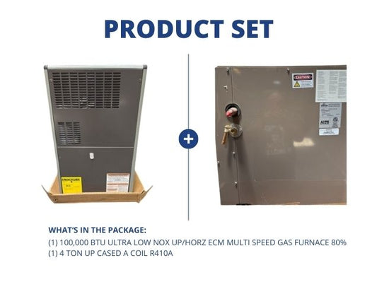 100,000 BTU Ultra Low NOx Up/Horz ECM Multi Speed Gas Furnace 80% and 4 Ton Up Cased A Coil R410A