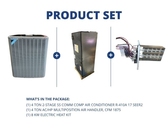 4 Ton 2-Stg Comm Comp AC R410A 17 SEER2, 4 Ton ECM Multiposition Air Handler CFM 1875 with 8 kW Heat