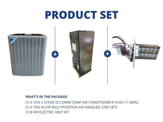 4 Ton 2-Stg Comm Comp AC R410A 17 SEER2, 4 Ton ECM Multiposition Air Handler CFM 1875 with 8 kW Heat