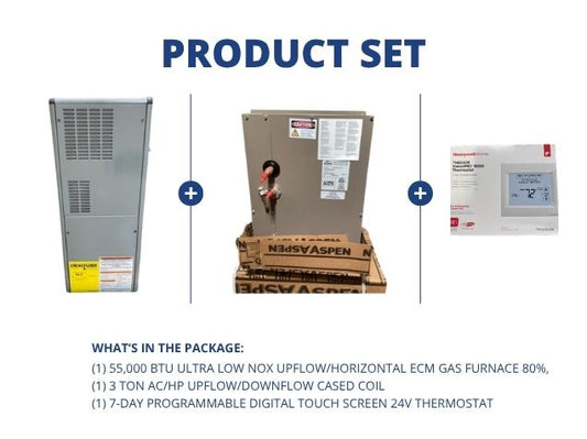 55,000 BTU Ultra Low NOx Up/Horz ECM Gas Furnace 80%, 3 Ton AC/HP Up/Down Cased Coil and Thermostat