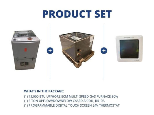 75,000 BTU Up/Horz ECM Multi Speed Gas Furnace 80%, 3 Ton Up/Down Cased A Coil with 24V Thermostat