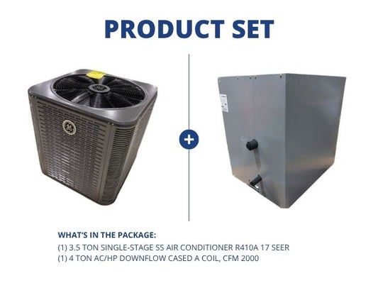 3.5 Ton 1-Stage SS Air Conditioner R410A 17 SEER with 4 Ton AC/HP Downflow Cased A Coil, CFM 2000