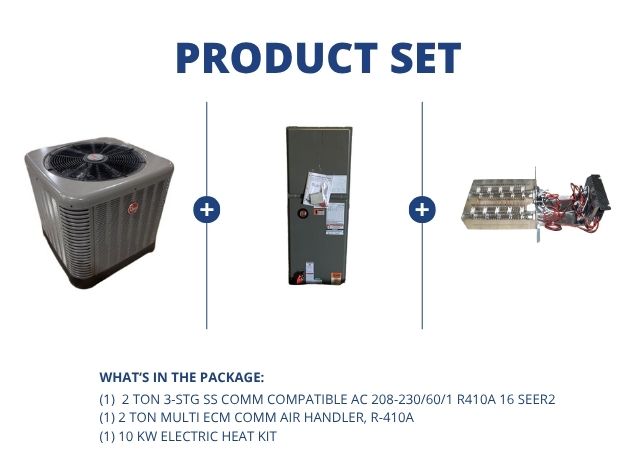 2 Ton SS Comm Compatible AC 16 SEER2, 2 Ton ECM Comm Air Handler R-410A and 10 kW Electric Heat Kit