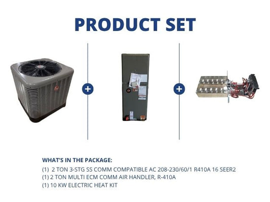2 Ton SS Comm Compatible AC 16 SEER2, 2 Ton ECM Comm Air Handler R-410A and 10 kW Electric Heat Kit