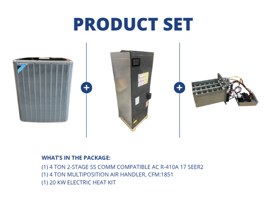 4 Ton 2-Stage SS Comm Compatible AC R-410A 17 SEER2, 4 Ton Multiposition Air Handler with 20 KW Heat