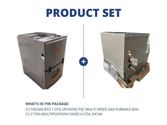 100,000 BTU 1-Stg Up/Horz ECM Multi Speed Gas Furnace 80% and 3 Ton Multiposition Cased A Coil R410A