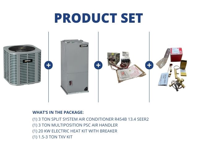 3 Ton SS AC R454B 13.4 SEER2, 3 Ton Multi Air Handler, 20KW Heat Kit with Breaker, 1.5-3 Ton TXV Kit