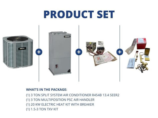 3 Ton SS AC R454B 13.4 SEER2, 3 Ton Multi Air Handler, 20KW Heat Kit with Breaker, 1.5-3 Ton TXV Kit