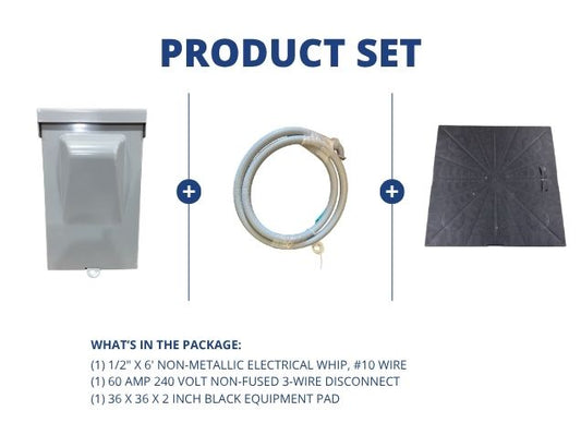 1/2" X 6' Electrical Whip with 60A 240V Non-Fused 3-Wire Disconnect and 36x36x2" Black Equipment Pad