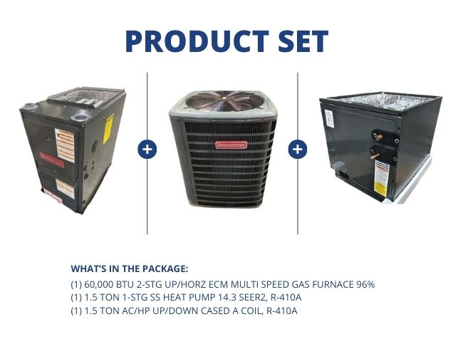 60,000 BTU 2-Stg Up/Horz Gas Furnace 96%, 1.5 Ton SS HP 14.3 SEER2 with 1.5 Ton Up/Down Cased A Coil