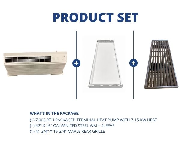 7,000 BTU Packaged Terminal HP W/ 7-15 KW Heat, 42"x16" Wall Sleeve and 41-3/4"x15-3/4" Rear Grille