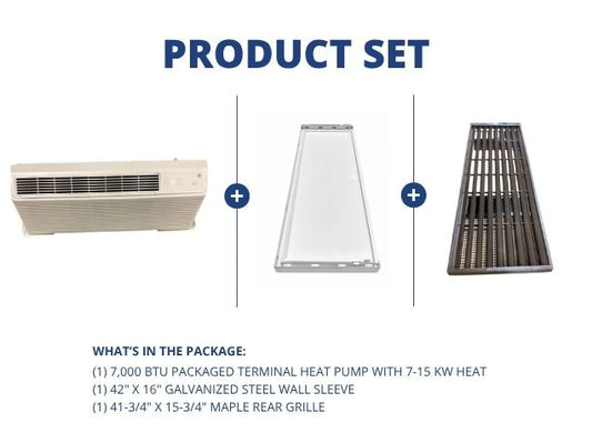 7,000 BTU Packaged Terminal HP W/ 7-15 KW Heat, 42"x16" Wall Sleeve and 41-3/4"x15-3/4" Rear Grille