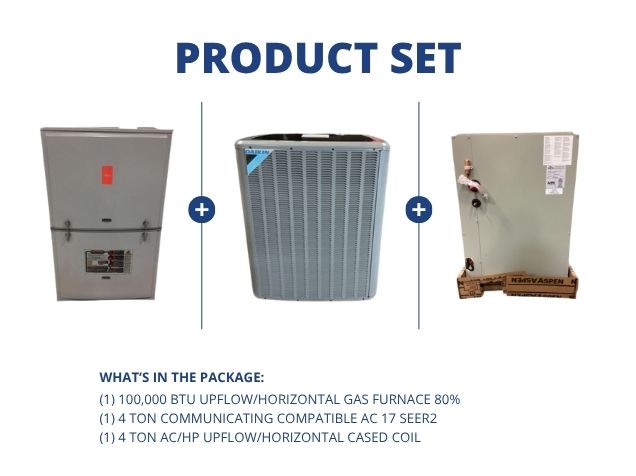 100,000 BTU Up/Horz Gas Furnace 80%, 4 Ton Comm Comp AC 17 SEER2 with 4 Ton AC/HP Up/Horz Cased Coil
