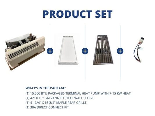 15,000 BTU Packaged Terminal HP W/7-15KW Heat, R-410A, Wall Sleeve, Rear Grille with 30A Connect Kit