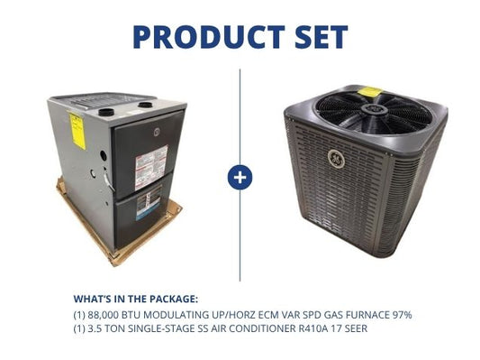 88,000 BTU Modulating Up/Horz ECM Var Spd Gas Furnace 97% with 3.5 Ton 1-Stage SS AC R410A 17 SEER
