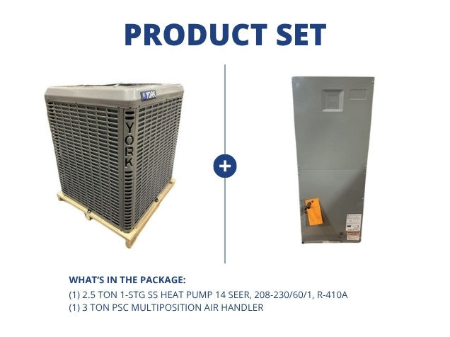2.5 Ton 1-Stg SS Heat Pump 14 SEER, 208-230/60/1, R-410A with 3 Ton PSC Multiposition Air Handler