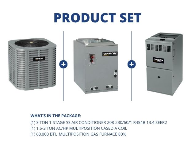 3 Ton SS AC R454B 13.4 SEER2, 1.5-3 Ton Multi Cased A Coil with 60,000 BTU Multi Gas Furnace 80%