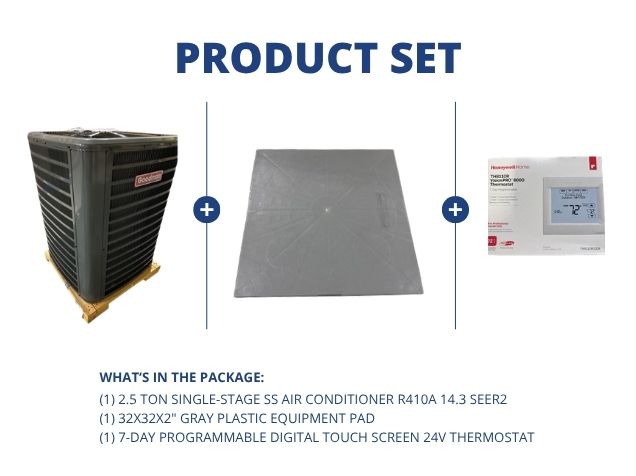 2.5 Ton 1-Stage SS Air Conditioner R410A 14.3 SEER2, 32x32x2" Gray Plastic Equipment Pad, Thermostat