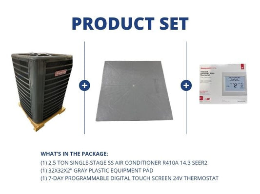 2.5 Ton 1-Stage SS Air Conditioner R410A 14.3 SEER2, 32x32x2" Gray Plastic Equipment Pad, Thermostat