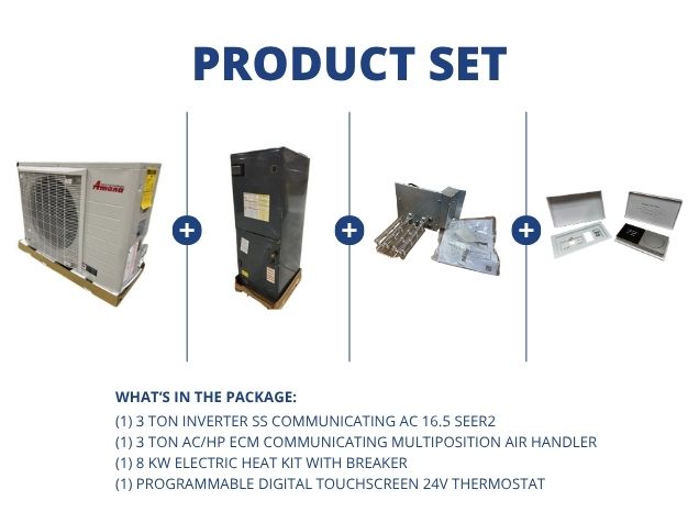 3 Ton Inverter SS Comm AC 16.5 SEER2, 3 Ton ECM Comm Multi Air Handler, 8 KW Heat Kit and Thermostat