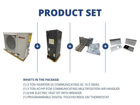 3 Ton Inverter SS Comm AC 16.5 SEER2, 3 Ton ECM Comm Multi Air Handler, 8 KW Heat Kit and Thermostat