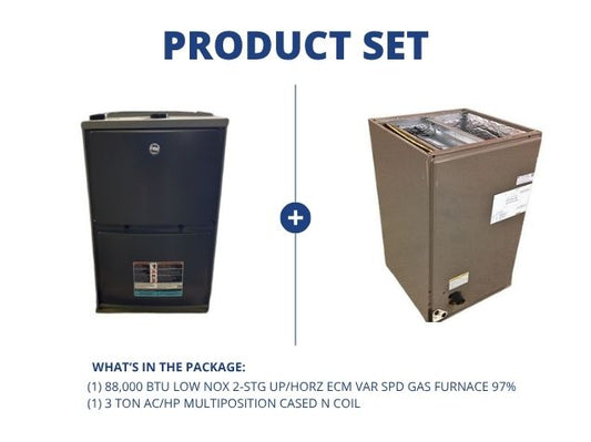 88,000 BTU Low NOx 2-Stg Up/Horz Var Spd Gas Furnace 97% with 3 Ton AC/HP Multiposition Cased N Coil
