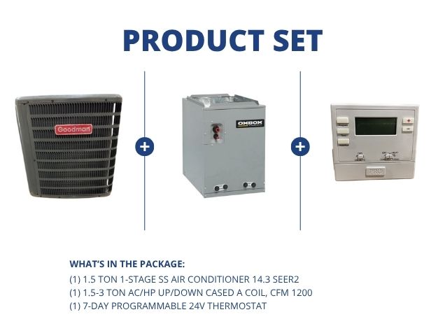 1.5 Ton 1-Stg SS Air Conditioner 14.3 SEER2, 1.5-3 Ton AC/HP Up/Down Cased A Coil and 24V Thermostat