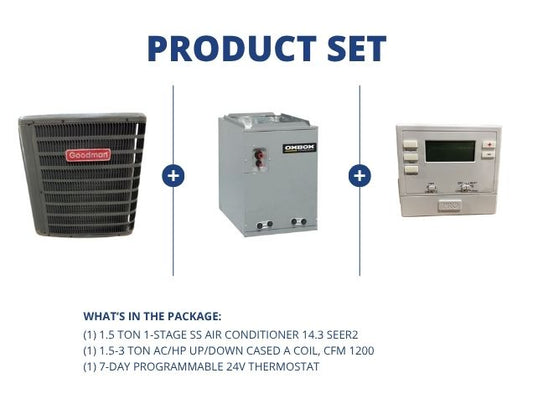 1.5 Ton 1-Stg SS Air Conditioner 14.3 SEER2, 1.5-3 Ton AC/HP Up/Down Cased A Coil and 24V Thermostat